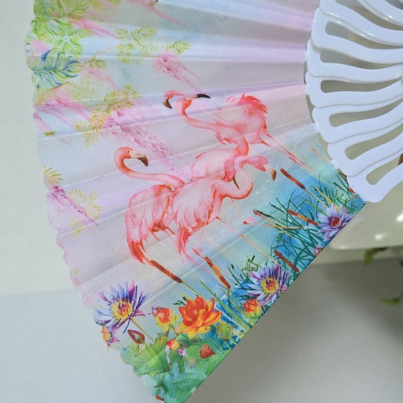 White and Pink Flamingo Floral Design Folding Hand Fan New - Picture 5 of 5